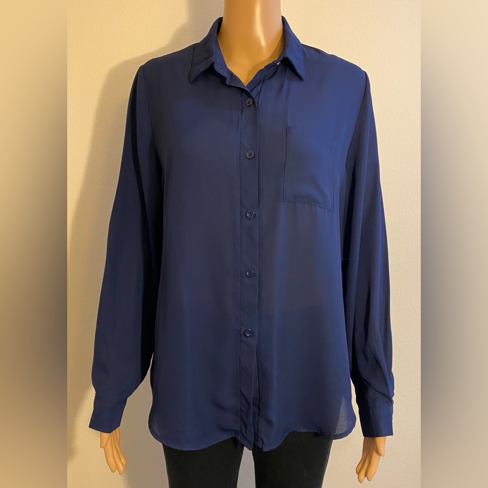 Women Zeagoo Navy Blue Long Sleeve Front Button Blouse